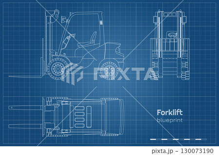 Outline forklift drawing. Linear cargo loader. Side, front and top view of industrial machine. Contour blueprint of warehouse transport. Logistic vehicle 130073190