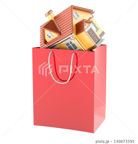 House in red shopping bag. Real estate purchase and property market, concept. 3D rendering 130073595
