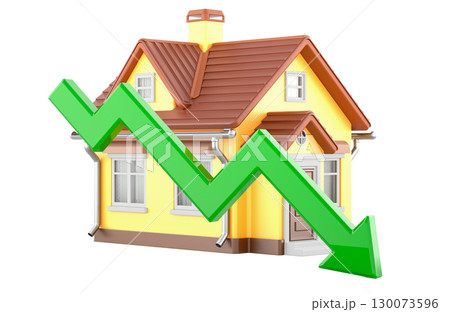 House price decline concept with home and green arrow. 3D rendering House price decline concept with home and green arrow. 3D rendering 130073596