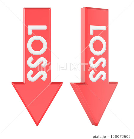Red loss arrows, pointing down. Front and side views, 3D rendering Red loss arrows, pointing down. Front and side views, 3D rendering 130073603