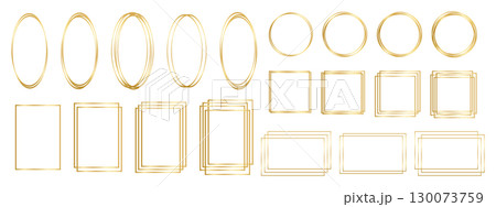 Set of golden oval, round, square and rectangular frames isolated on white background. Collection of shiny luxury borders. Design elements for banners, greeting or wedding cards. Vector illustration 130073759