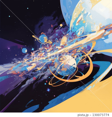 惑星とカラフルな軌道が交差する幻想的な宇宙空間のアート 惑星とカラフルな軌道が交差する幻想的な宇宙空間のアート 130073774