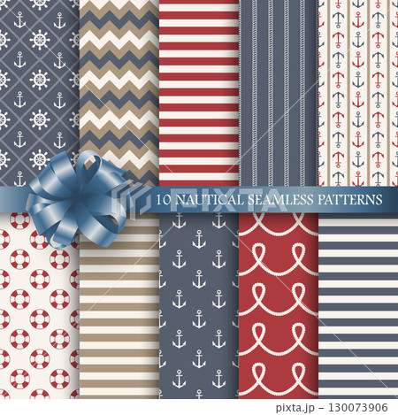 Nautical Seamless Patterns, Vector Set, Marine Themed Fabric Illustration. Anchor and Lifebuoy Design. Striped Ocean Backgrounds. Sailor Style Decorative Textile Templates. Maritime Fashion Nautical Seamless Patterns, Vector Set, Marine Themed Fabric Illustration. Anchor and Lifebuoy Design. Striped Ocean Backgrounds. Sailor Style Decorative Textile Templates. Maritime Fashion 130073906