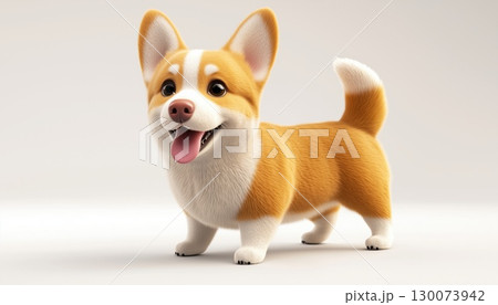 Adorable Fluffy Orange Corgi Puppy With Dot Eyes And Red Tongue Sticking Out Standing In Playful 130073942