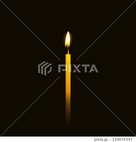 Thin Burning Candle Vector Illustration. Slim Wax Candle with Flame. Single Tall Candle on Black Background. Realistic Glowing Candle Light. Decorative Candle for Church, Memorial, Romantic or Holiday 130074347