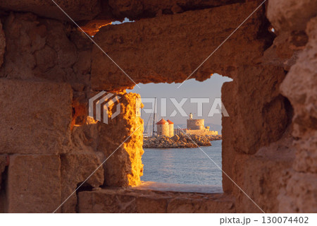 Fort of Saint Nicholas in Rhodes, Greece at sunrise 130074402