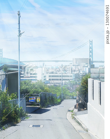 山陽電鉄東垂水駅付近からの明石海峡大橋と街並み【縦構図】 130074691