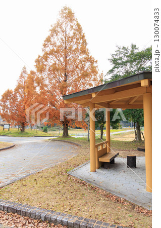 公園でみかける屋根付きの休憩所あずまや(メタセコイア紅葉) 公園でみかける屋根付きの休憩所あずまや(メタセコイア紅葉) 130074833