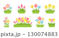 Bright spring flowers and buds. Tulips, chamomile, narcissus, daisy, mixed simple blossoms in fresh green grass. Flat floral shapes stylized meadow blooms. Summer decorative garden flowerbed elements 130074883