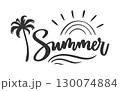 Summer black ink calligraphy. Palm tree, sun rays and curved sea wave sketch style. Bright tropical mood lettering, sunny coastline daylight breeze, ocean view minimal stroke, beach feeling warmth 130074884