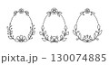 Egg shape floral frame with black outline twigs, leaves, buds, petals, flower heads. Linear ornament of spring foliage, botanical minimal bloom design thin stem elements, oval composition, plant form 130074885