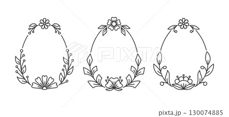 Egg shape floral frame with black outline twigs, leaves, buds, petals, flower heads. Linear ornament of spring foliage, botanical minimal bloom design thin stem elements, oval composition, plant form 130074885
