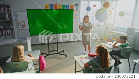 Female Teacher Educating Elementary School Students. Large Digital Screen with Chroma Key Mock Up Female Teacher Educating Elementary School Students. Large Digital Screen with Chroma Key Mock Up 130075121