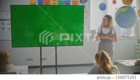 Female Teacher Teaching Primary School Children Using Large Digital Screen with Chromakey Mockup Female Teacher Teaching Primary School Children Using Large Digital Screen with Chromakey Mockup 130075201