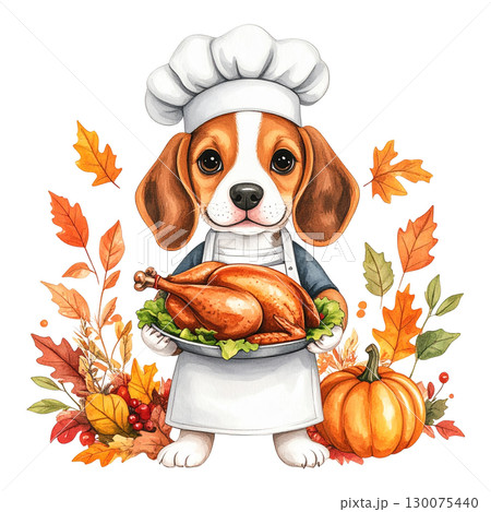 ローストターキーを持つシェフのビーグルと紅葉4/チラシやポスター用素材 ローストターキーを持つシェフのビーグルと紅葉4/チラシやポスター用素材 130075440