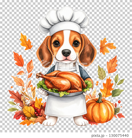 ローストターキーを持つシェフのビーグルと紅葉4/チラシやポスター用素材 ローストターキーを持つシェフのビーグルと紅葉4/チラシやポスター用素材 130075440