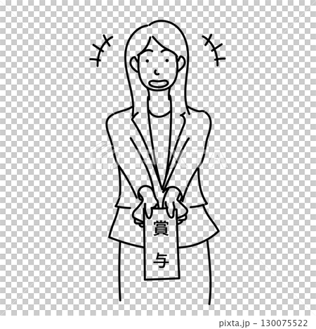 Stock Illustration: Monochrome line drawing vector of a woman in a suit who is happy to receive a bonus 130075522