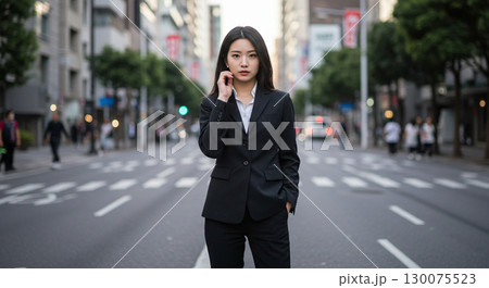 街中で視線を向けるスーツ女性 130075523