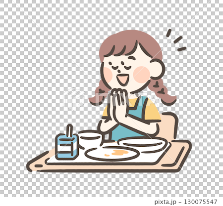 給食を完食し「ごちそうさま」と言う女の子 130075547