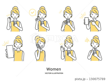 スマートフォンを操作する女性のイラストセット スマートフォンを操作する女性のイラストセット 130075789
