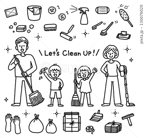 掃除　家族　親子　子供　掃除道具　アイコン　イラストセット　モノクロ 130076020