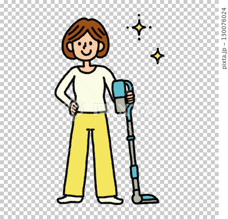 女人清潔無線吸塵器手繪插畫素材 130076024