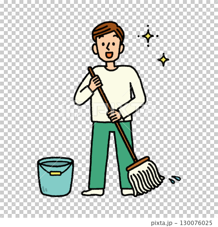 Male cleaning mop bucket hand-drawn illustration material 130076025