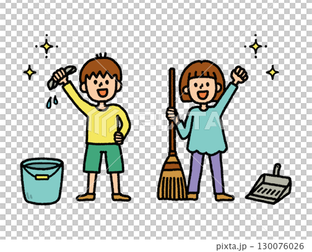 清潔兒童男孩女孩抹布掃帚手繪插畫 清潔兒童男孩女孩抹布掃帚手繪插畫 130076026