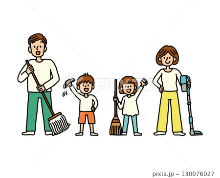 掃除　家族　親子　子供　掃除道具　イラスト　セット 130076027