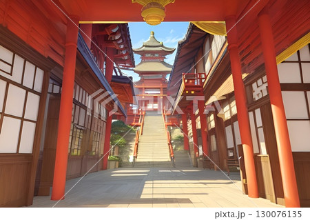 ゲーム背景　和風ファンタジー朱塗りの宮殿に入る玄関前からの風景 130076135