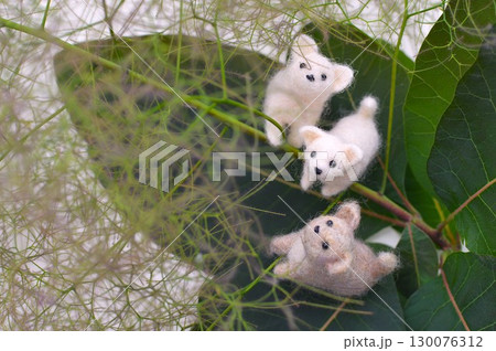 スモークツリーの花穂に集まるフェルトの子犬 スモークツリーの花穂に集まるフェルトの子犬 130076312