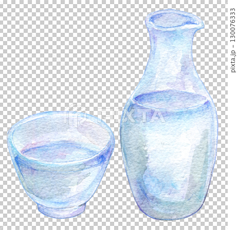 Watercolor illustration of glass sake cups, sake bottles, and sake bottles 130076333