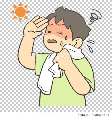 一個男孩因炎熱而擦汗 130076384