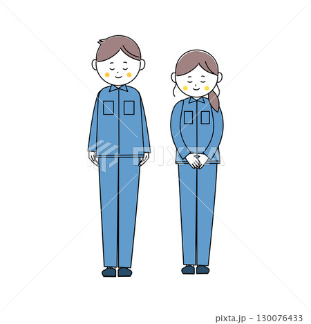 おじぎをする作業着姿の男女の全身イラスト 130076433