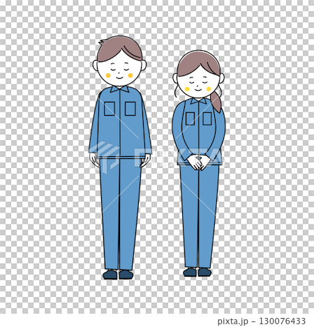 おじぎをする作業着姿の男女の全身イラスト 130076433