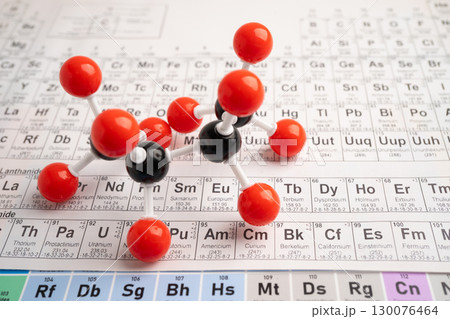 Molecules chemical on a periodic table background. 130076464