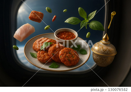 AI generated surreal Thai fish cakes with ingredients and golden ceramic container floating in zero gravity near space window with Earth view 130076582