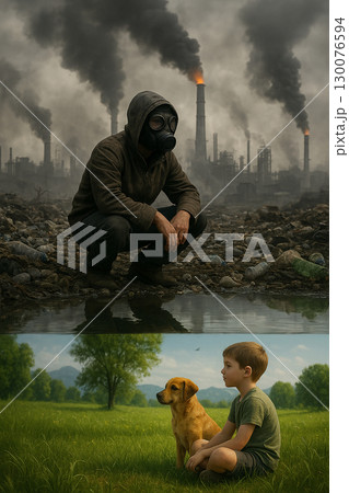 AI generated image contrasting a polluted industrial world with a hopeful natural reflection showing a boy and dog in harmony with nature 130076594