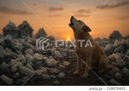 AI generated image of a lonely dog howling surrounded by plastic trash city at sunset symbolizing sadness pollution and environmental destruction 130076601