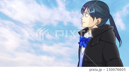 冬空を見上げる高校生または中学生の女の子のアニメ風イラスト、左に余白 130076605