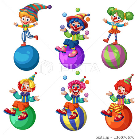 Colorful Cartoon Clowns Balancing on Circus Balls Colorful Cartoon Clowns Balancing on Circus Balls 130076676
