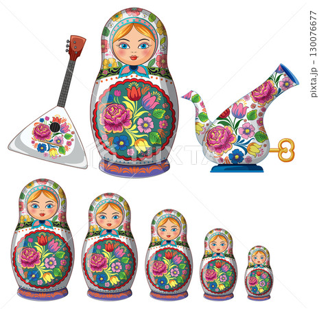 Traditional Russian Nesting Dolls with Folk Art Elements 130076677