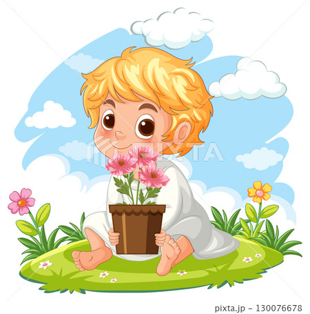 Blonde Child Sitting on Grass Holding Flower Pot 130076678