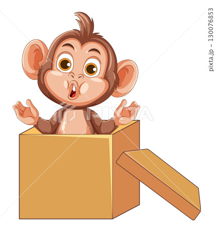 Surprised Cartoon Monkey Popping Out of Cardboard Box 130076853