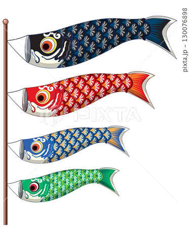 Japanese Koinobori Carp Streamers on Vertical Flagpole Illustration Japanese Koinobori Carp Streamers on Vertical Flagpole Illustration 130076898