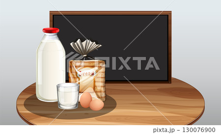 Breakfast Essentials on Wooden Table with Blackboard Breakfast Essentials on Wooden Table with Blackboard 130076900