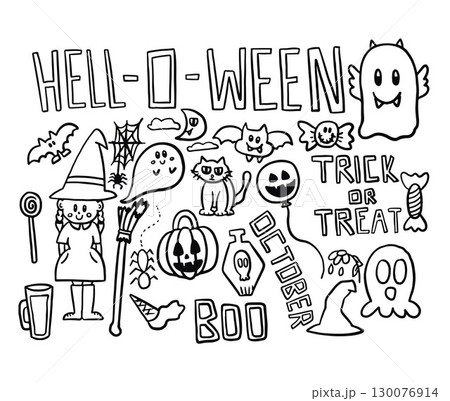 Hand drawn Halloween vector outlines of a girl wearing witch hat, witch broom, bat, spider, pumpkin, TRICK or TREAT letters, ghost, head skull, poisonous drink, candy, pumpkin balloon, tombstone 130076914