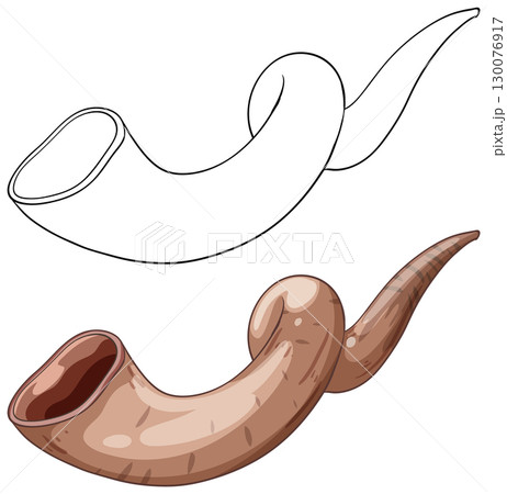Realistic and Outline Vector Illustration of Shofar Horn Realistic and Outline Vector Illustration of Shofar Horn 130076917