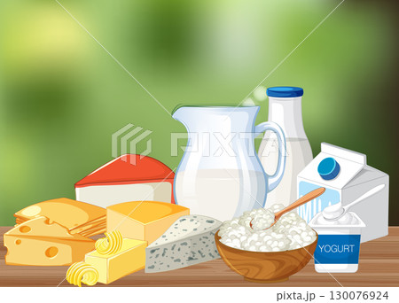 Assorted Dairy Products on Wooden Table with Green Background 130076924
