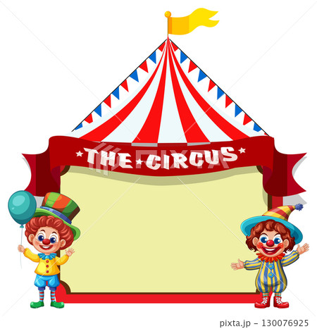 Colorful Circus Tent with Two Cheerful Clowns 130076925